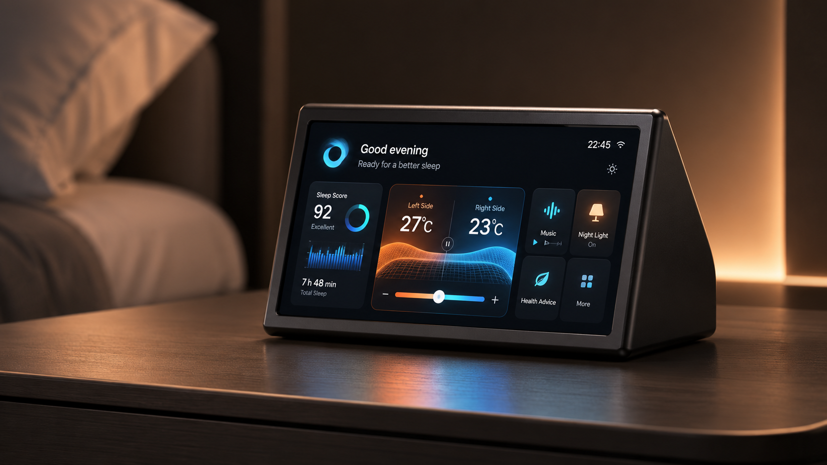 HoneySleep bedside companion displaying sleep insights and nighttime controls