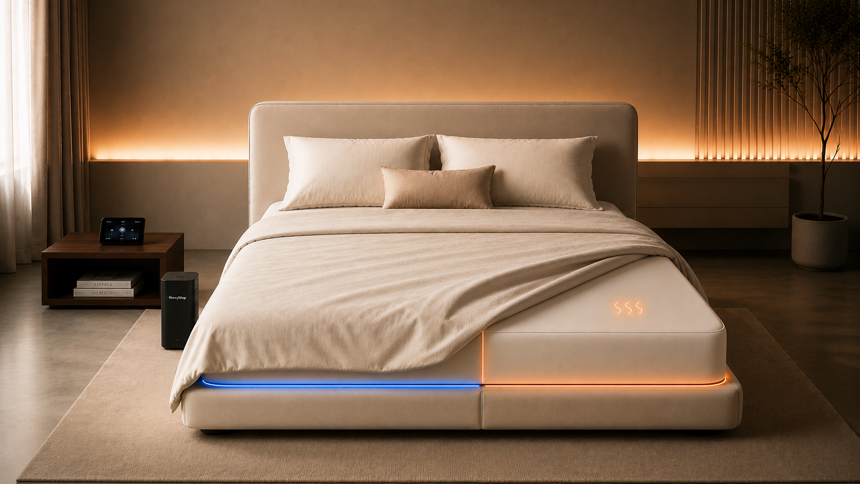 HoneySleep dual-zone smart temperature bed in a warmly lit bedroom
