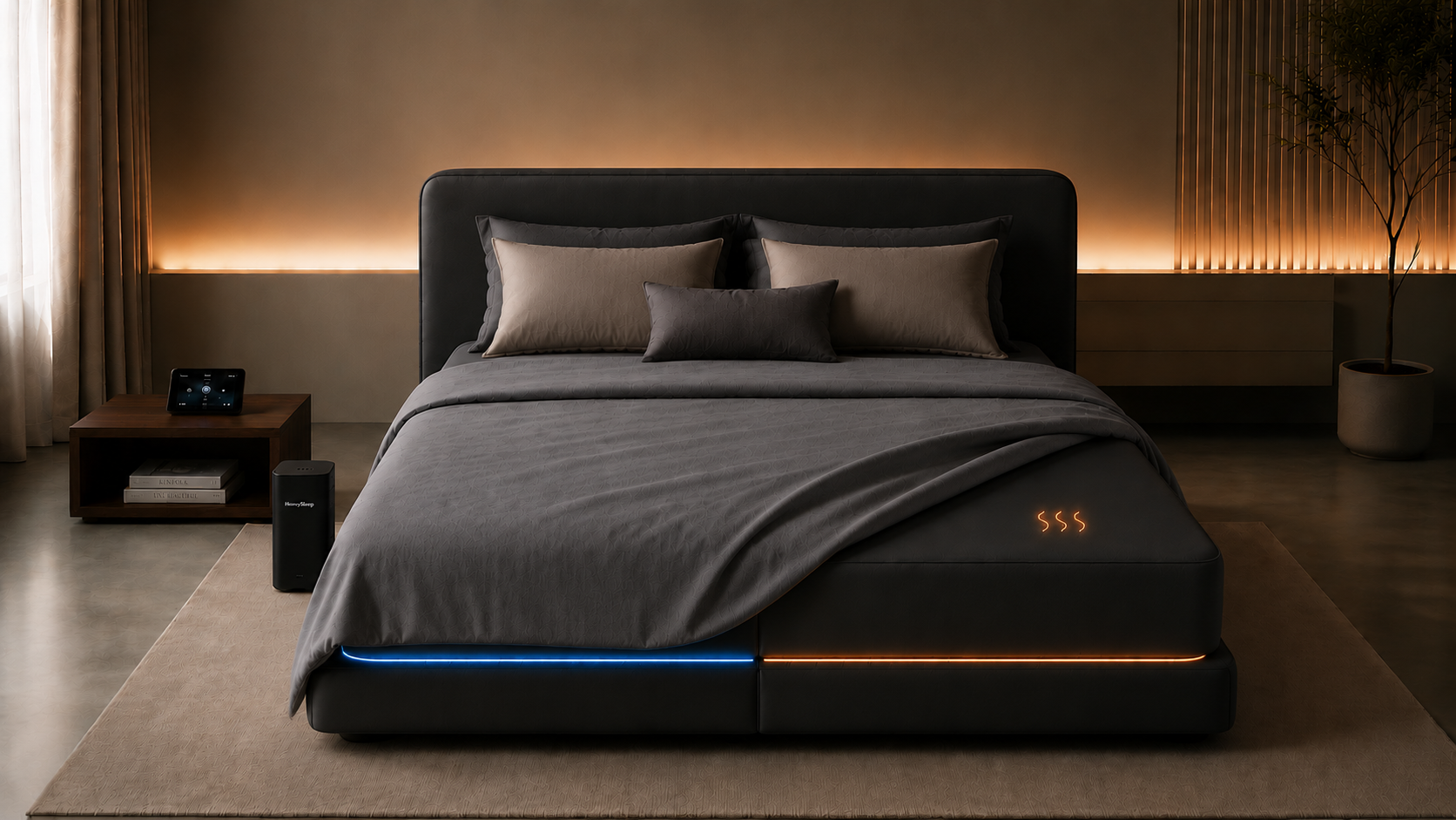 HoneySleep dual-zone smart temperature bed in a warmly lit bedroom