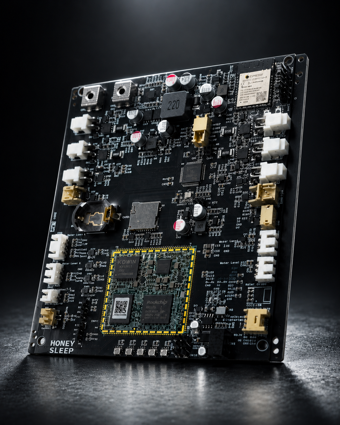 Black HoneySleep hub circuit board with its local processor and system connectors