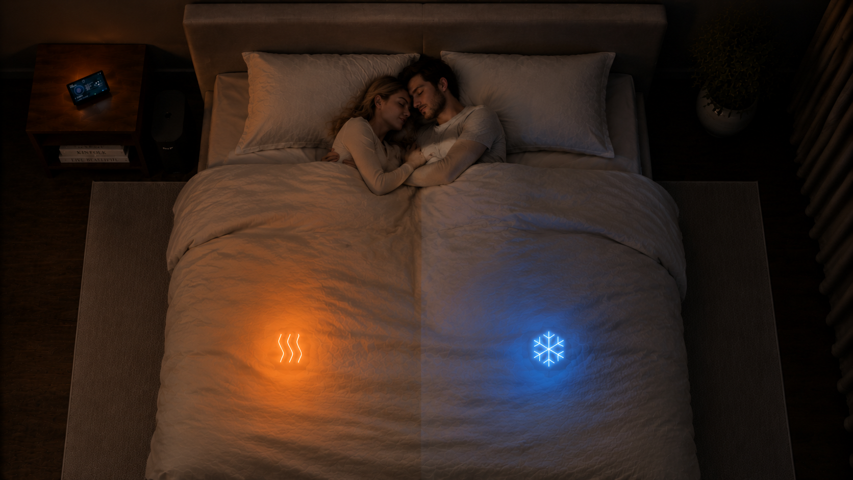 A couple sleeping under independently warmed and cooled sides of the HoneySleep mattress system