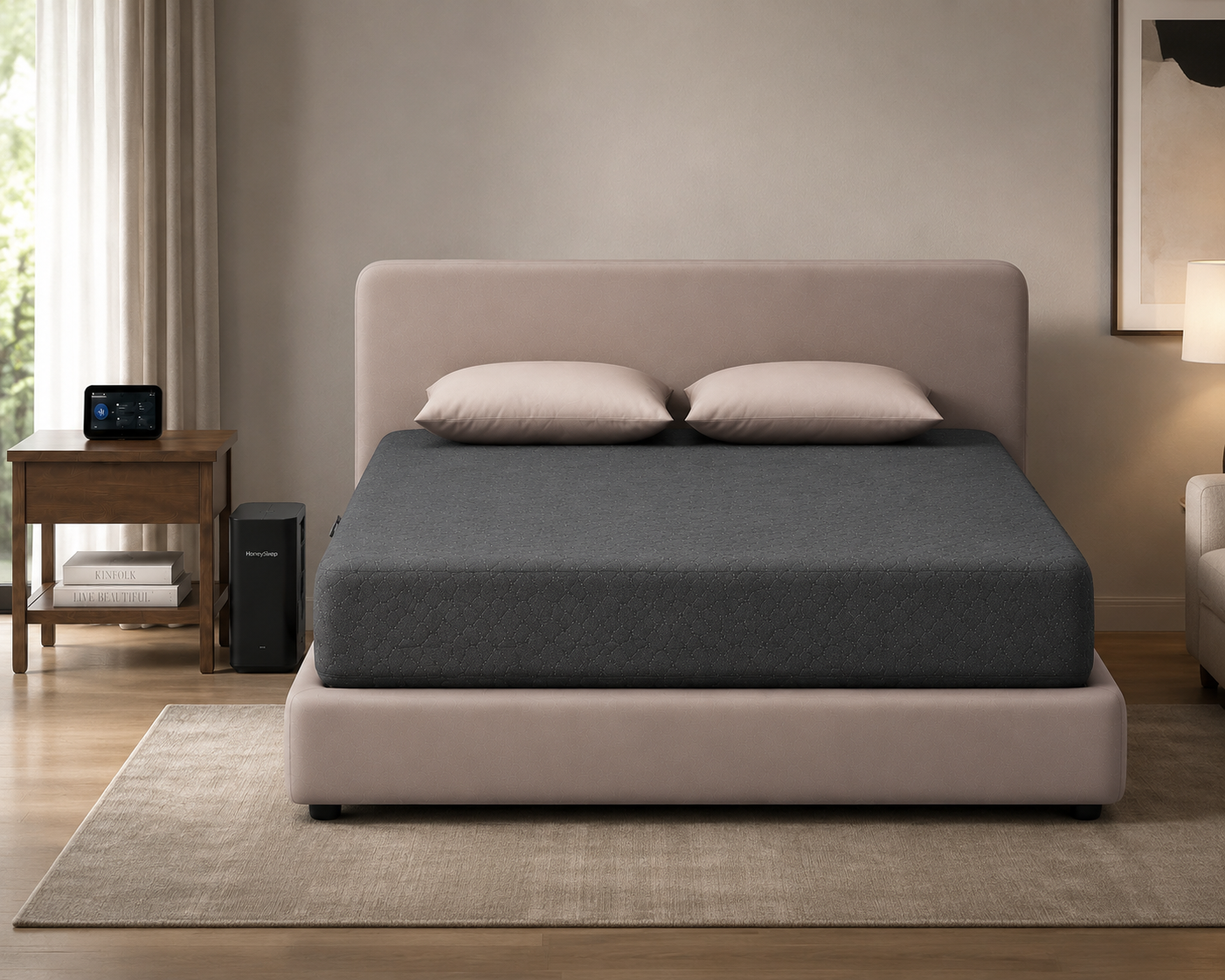 HoneySleep bed cover, hub, and bedside companion shown in a bedroom setup