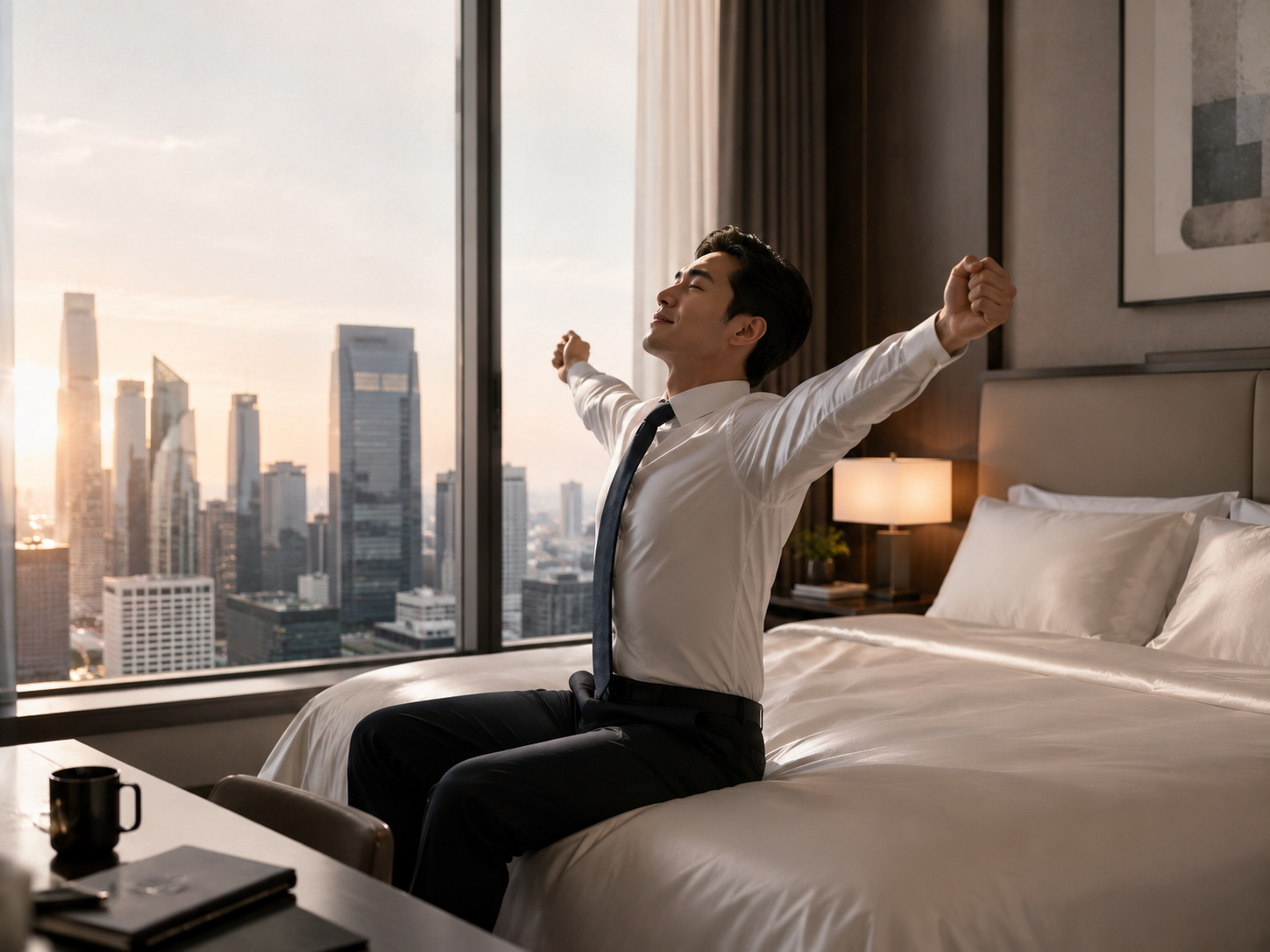 A professional waking in a bright bedroom